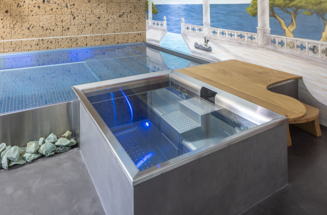 Edelstahlbecken mit 2-seitiger Infinity-Überlaufrinne Edelstahlbecken mit 2-seitiger Infinity-Überlaufrinne